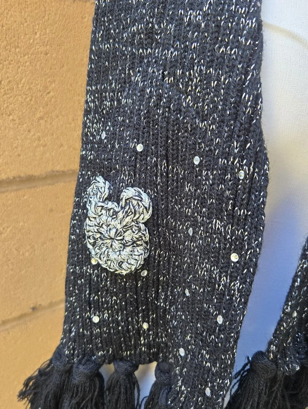 Disney Black Speckled Knit Scarf with Sequin Motif